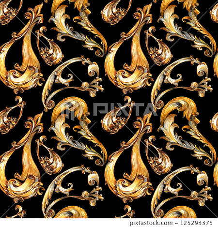 Vintage baroque floral seamless pattern in gold. Luxury, royal and Victorian concept. Vintage baroque floral seamless pattern in gold. Luxury, royal and Victorian concept. 125293375