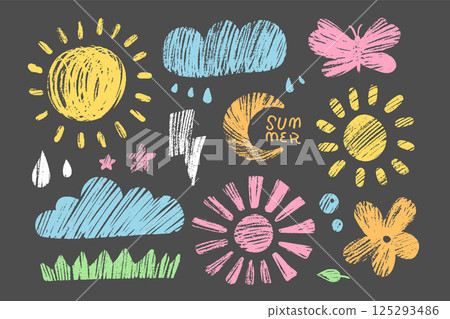 Kids chalk summer drawings set. Collection freehand child baby hand drawn scribble elements - sun, flower,cloud, butterfly, lightning and grass. Vector illustration isolated on black background Kids chalk summer drawings set. Collection freehand child baby hand drawn scribble elements - sun, flower,cloud, butterfly, lightning and grass. Vector illustration isolated on black background 125293486