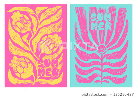 Abstract posters set with organic shape with naive geometric floral doodles. Bogo flowers with word SUMMER. Pencil textured hand drawn vector illustration. Abstract posters set with organic shape with naive geometric floral doodles. Bogo flowers with word SUMMER. Pencil textured hand drawn vector illustration. 125293487