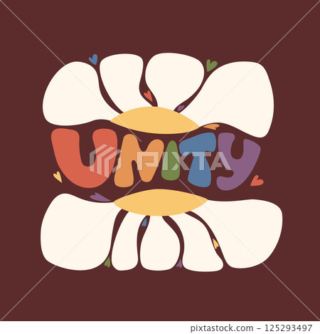 Retro Groovy Rainbow Lettering in colors of LGBT Flag. Handwritten text Unity with Daisy Flower Power. Vector illustration. LGBTQ community. Gender equality and diversity relationships. Pride month 125293497