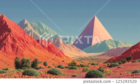 Monumental pink pyramid standing among vividly colored mountains and lush vegetation in a stylized surreal world 125293520