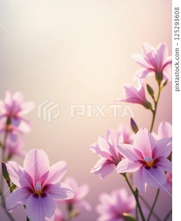 Delicate pink flowers bloom gracefully, capturing the sunlight in a peaceful garden. The soft hues and gentle light evoke tranquility, inviting a sense of calm and appreciation Generative AI 125293608