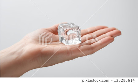 Hand Holding a Clear Ice Cube Against Light Background 125293614