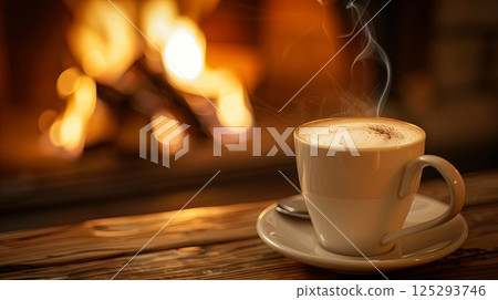 Enjoying a warm cup of coffee near a cozy fireplace for a perfect relaxing moment Generative AI 125293746