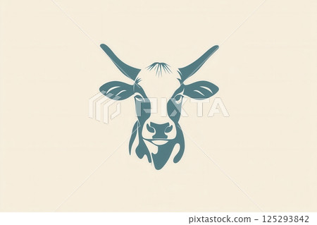 Stylized cow logo representing minimalist branding for a dairy farm with soft blue and white colors 125293842