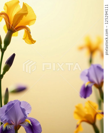 Bright yellow and purple irises stand tall, basking in soft golden light that enhances their delicate petals. This tranquil garden captures the essence of springtime allure and renewal Generative AI 125294111