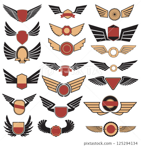 Aviation insignia wing set. Set of the vector emblems with wings. Retro vector design graphic element, emblem, logo, insignia, sign, identity, logotype, poster. Vector design elements. Aviation insignia wing set. Set of the vector emblems with wings. Retro vector design graphic element, emblem, logo, insignia, sign, identity, logotype, poster. Vector design elements. 125294134
