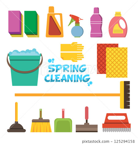 Spring Cleaning flat design illustration. Cleaning icons vector set. Icons of clean service and cleaning tools. Design elements in vector. Spring Cleaning flat design illustration. Cleaning icons vector set. Icons of clean service and cleaning tools. Design elements in vector. 125294158