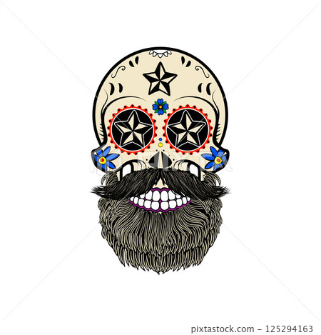 Sugar skull with hair and beard. The day of the Dead. The template for printing on T-shirts. Vector illustration. 125294163