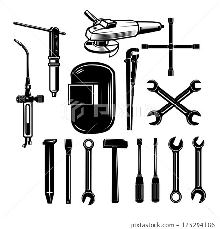 Set silhouettes of tools. Open-end wrench, adjustable wrench, spanner, hammer 125294186