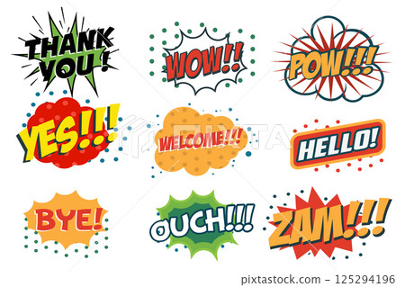 Vector set of comic speech bubbles in trendy pop art style. Hand drawn set of speech bubbles with phrases Yes, Hello, Thank you, Welcome, Wow, Bye, Zam, Ouch. Design elements in vector. 125294196