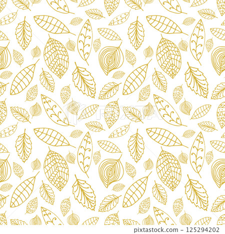White and gold seamless pattern with leaves. Styles hand drawn leaves pattern. Vector design element. White and gold seamless pattern with leaves. Styles hand drawn leaves pattern. Vector design element. 125294202