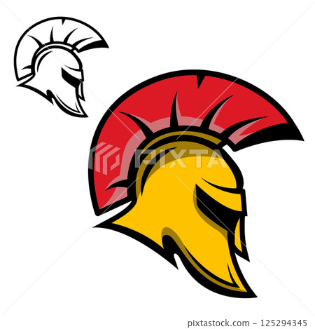 Spartan warrior helmet. Sports team emblem template. Design element for logo, label, emblem, sign. Vector illustration. Spartan warrior helmet. Sports team emblem template. Design element for logo, label, emblem, sign. Vector illustration. 125294345