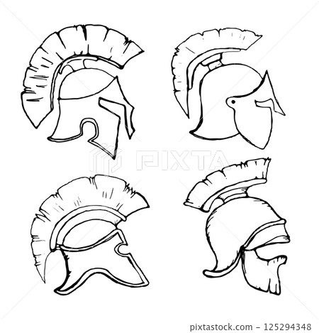 Spartan Helm Variations Set in side view isolated on white background. Logo design template. Vector illustration. 125294348