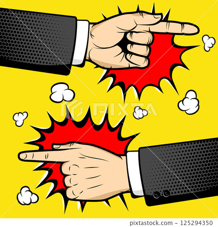 Human hands with pointing fingers in pop art style. Vector illustration. Pop art style illustration. Design element in vector. 125294350