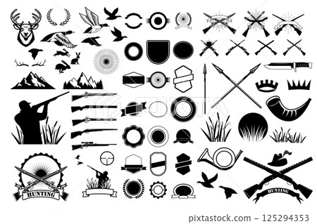 Set of hunting label and badges templates and design elements. Hunting logo Generator. Design elements in vector. Set of hunting label and badges templates and design elements. Hunting logo Generator. Design elements in vector. 125294353