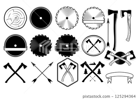 Set of emblems for lumberjack axes, circular saw. Set of vector elements for design 125294364