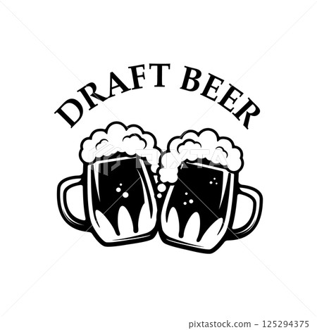Best Beer. Vintage craft beer retro design element,  two beer mugs isolated on white background. Vector illustration. 125294375