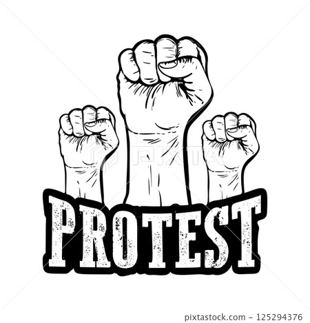 Protest poster, raised fist held in protest and fire flames. Grunge style vector illustration 125294376