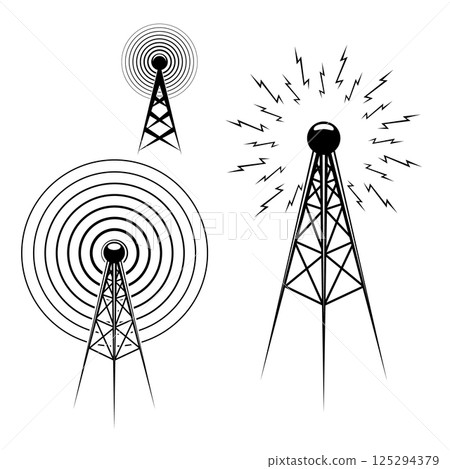 Set of Radio tower icons. Design elements for logo, label, emblem, sign. Vector illustration. Set of Radio tower icons. Design elements for logo, label, emblem, sign. Vector illustration. 125294379
