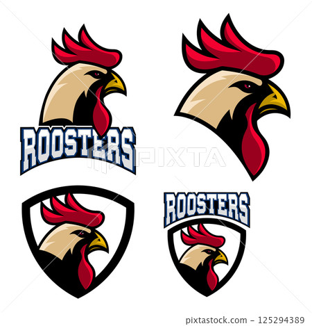 Roosters. Sport team or club logo template. Vector design element for logo, label, emblem, sign, badge. Roosters. Sport team or club logo template. Vector design element for logo, label, emblem, sign, badge. 125294389