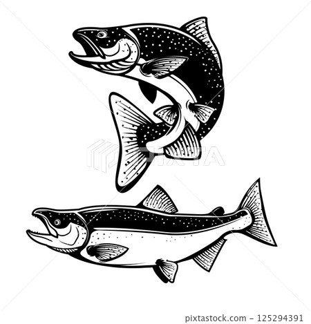 Salmon silhouettes. Fresh seafood. Salmon fishing.  Design element for logo, label, emblem, sign. Vector illustration. 125294391