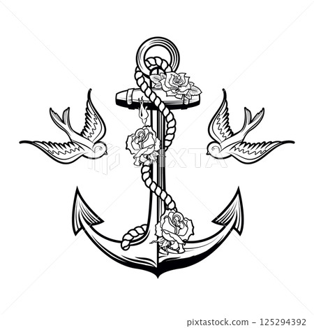 Sailor spirit. Anchor with roses and birds on grunge background. Old school tattoo style anchor. Vector illustration. 125294392