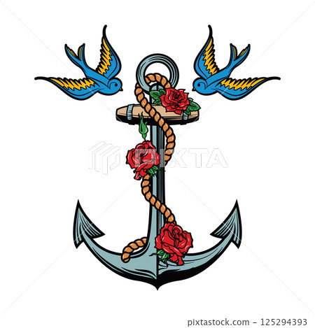 Sailor spirit. Anchor with roses and birds on grunge background. Old school tattoo style anchor. Vector illustration. Sailor spirit. Anchor with roses and birds on grunge background. Old school tattoo style anchor. Vector illustration. 125294393