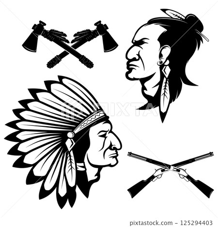 Set of american native chief heads. American indians headdress and weapon. Crossed tomahawks. Design elements for logo, label, emblem, sign, badge, brand mark. Set of american native chief heads. American indians headdress and weapon. Crossed tomahawks. Design elements for logo, label, emblem, sign, badge, brand mark. 125294403
