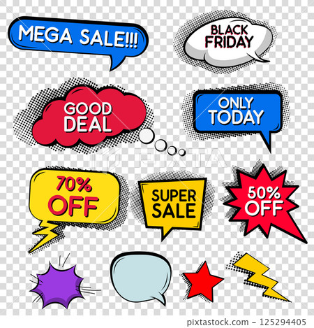 Set of bubbles, cloud talk, different shapes for Sale and Discount themes in comic style. Design elements in vector. Set of bubbles, cloud talk, different shapes for Sale and Discount themes in comic style. Design elements in vector. 125294405