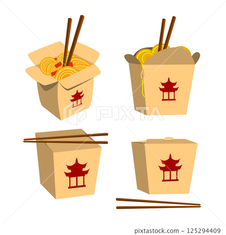 Set of China food boxes illustrations isolated on white background. China food icons. Fast food. Vector design element. 125294409