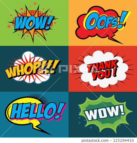 Set of comic style phrases on colorful background. Pop art style phrases set. Wow! Oops! Whop!  Design element for poster, flyer. Vector design element. 125294410