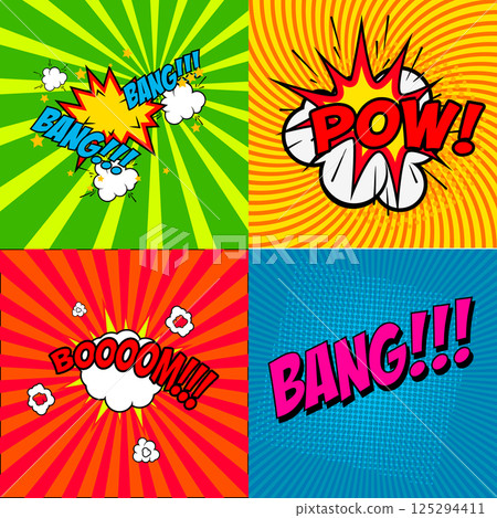 Set of comic style phrases Pow!, Bang!!! Booooom!!! Vector design elements. Pop art style phrases 125294411