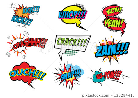 Set of comic style phrases. Zam, Crash, Crack, Snap, Whop. Vector illustrations. Set of comic style phrases. Zam, Crash, Crack, Snap, Whop. Vector illustrations. 125294413
