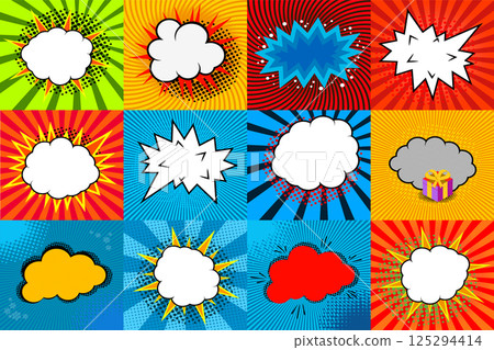 Set of comic style speech bubbles with colorful backgrounds. Vector design elements collection. Set of comic style speech bubbles with colorful backgrounds. Vector design elements collection. 125294414