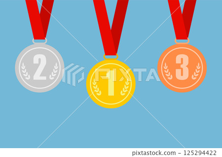 Set of gold, bronze and silver medals on red ribbons. Winner. Medal icons. Set of design elements in vector. Set of gold, bronze and silver medals on red ribbons. Winner. Medal icons. Set of design elements in vector. 125294422