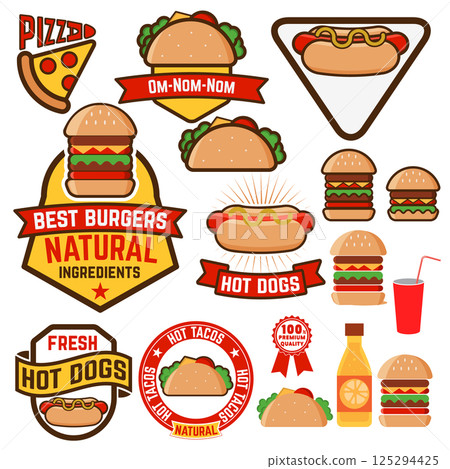 Set of hot dogs, hamburgers, tacos labels, badges and design elements Set of hot dogs, hamburgers, tacos labels, badges and design elements 125294425