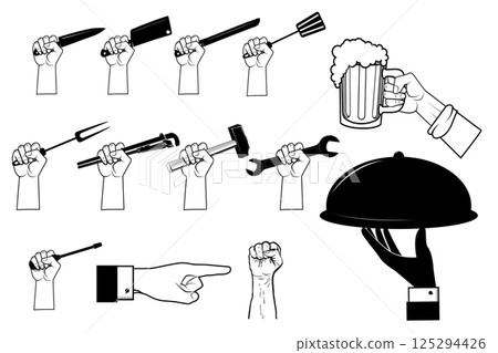 Set of human hands with different tools. Hand with beer mug. Hands with work tools. Design elements in vector. Set of human hands with different tools. Hand with beer mug. Hands with work tools. Design elements in vector. 125294426