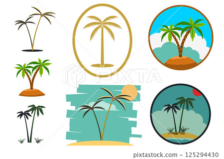 Set of palm tree labels and design elements. Vintage palms illustrations. Vector design  element for emblem, logo, insignia, sign, identity, logotype, poster. 125294430