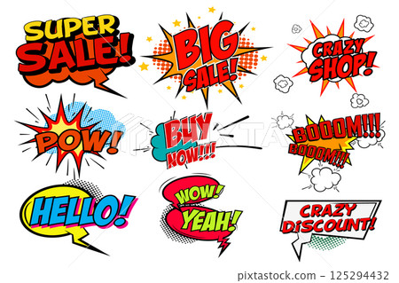 Set of pop art style phrases. Big Sale. Buy Now. Crazy Shop. Super Sale. Wow. Hello. Set of vector design elements. 125294432