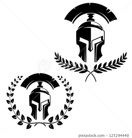 Set of the emblems templates with helmet. Spartan warrior helmets with laurel wreaths. Design elements for logo, label, emblem, sign. Vector illustration. 125294440