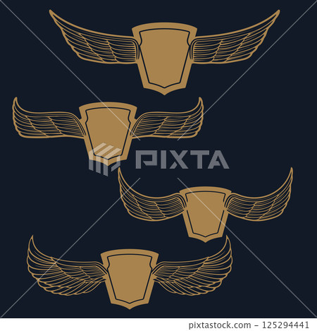 Set of the emblems with wings in gold style on blue background. Design element for logo, label, emblem, sign, badge. Vector illustration. 125294441
