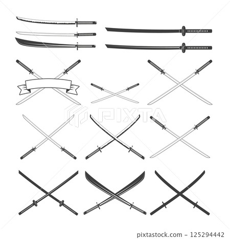 Set of the katana swords. Samurai and ninja weapon in retro style. Crossed samurai swords collection. Ninja shurikens. Set of the katana swords. Samurai and ninja weapon in retro style. Crossed samurai swords collection. Ninja shurikens. 125294442