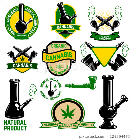 Set of cannabis labels. Medical marijuana, bong shop. Design elements for logo, label, emblem, sign, brand mark. Set of cannabis labels. Medical marijuana, bong shop. Design elements for logo, label, emblem, sign, brand mark. 125294473