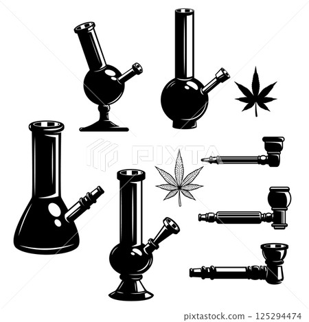 Set of cannabis leafs, bongs. Marijuana labels, badges, emblems and design elements. Medical marijuana. 125294474