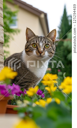 Curious cat among flower pots in a vibrant garden setting. Curious cat among flower pots in a vibrant garden setting. 125294489