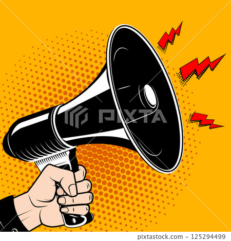 Hand with megaphone in pop art style. Comic style bullhorn. Design element in vector. 125294499