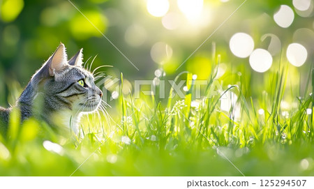 Tabby cat relaxing in sunlit grass surrounded by nature. 125294507