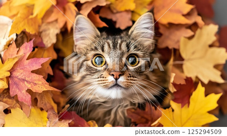 Cat surrounded by autumn leaves with alert expression. 125294509