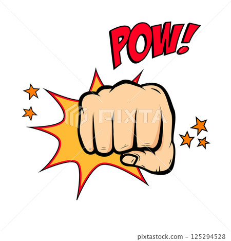 Fist hitting in pop art style. Fist punch. Fist illustration in pop art style. Pow!!! Vector design illustration. Fist hitting in pop art style. Fist punch. Fist illustration in pop art style. Pow!!! Vector design illustration. 125294528